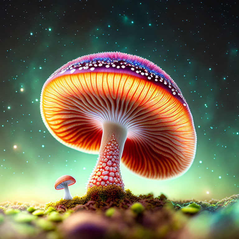 Colorful digitally rendered mushroom in mystical starry setting