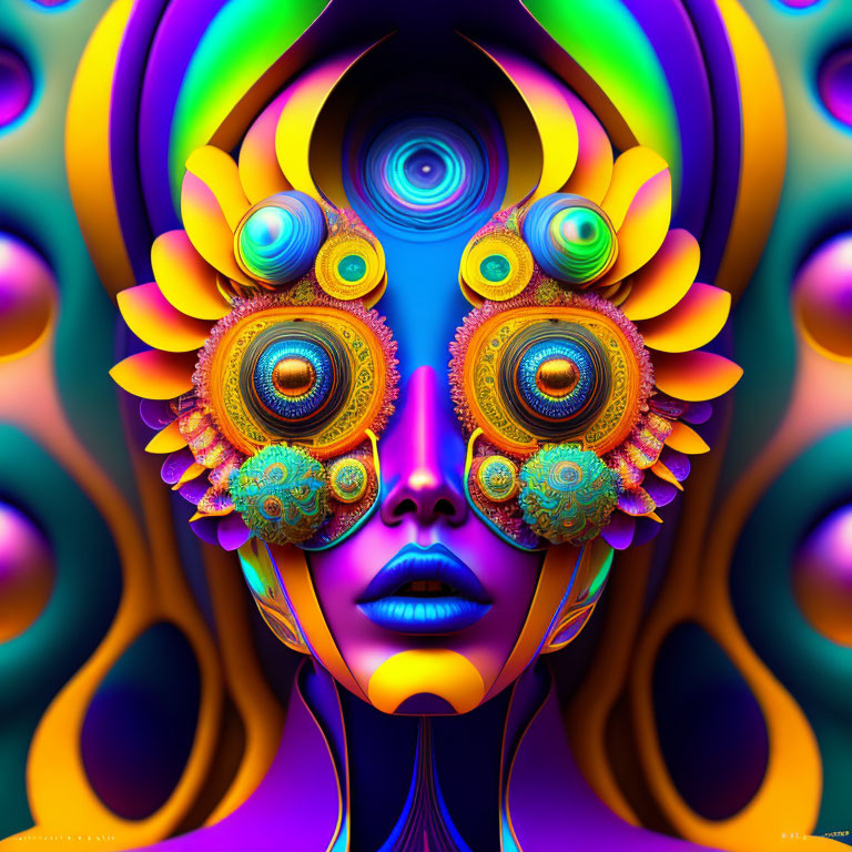 Symmetrical abstract face with floral and geometric patterns in purple, gold, and blue