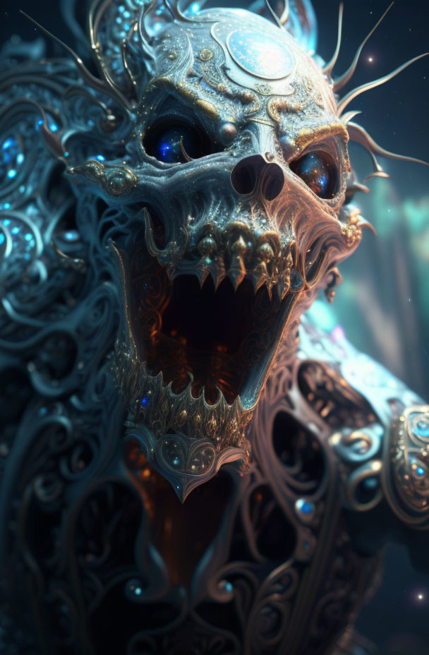 Detailed Fantasy Creature with Skull-like Face and Glowing Blue Eyes