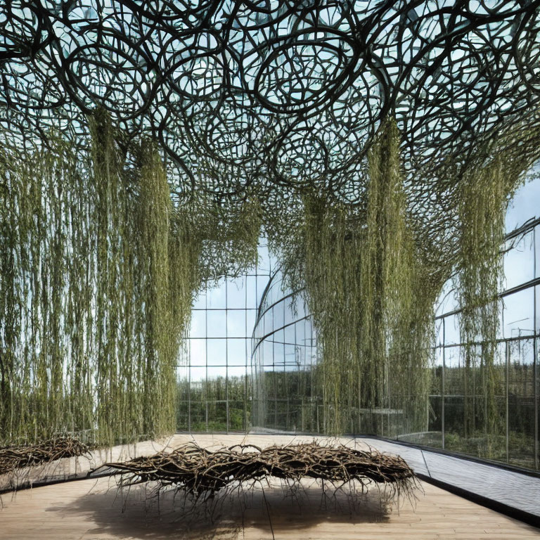 Room with Glass Walls, Metal Ceiling Design, Greenery, & Wooden Nest Structure