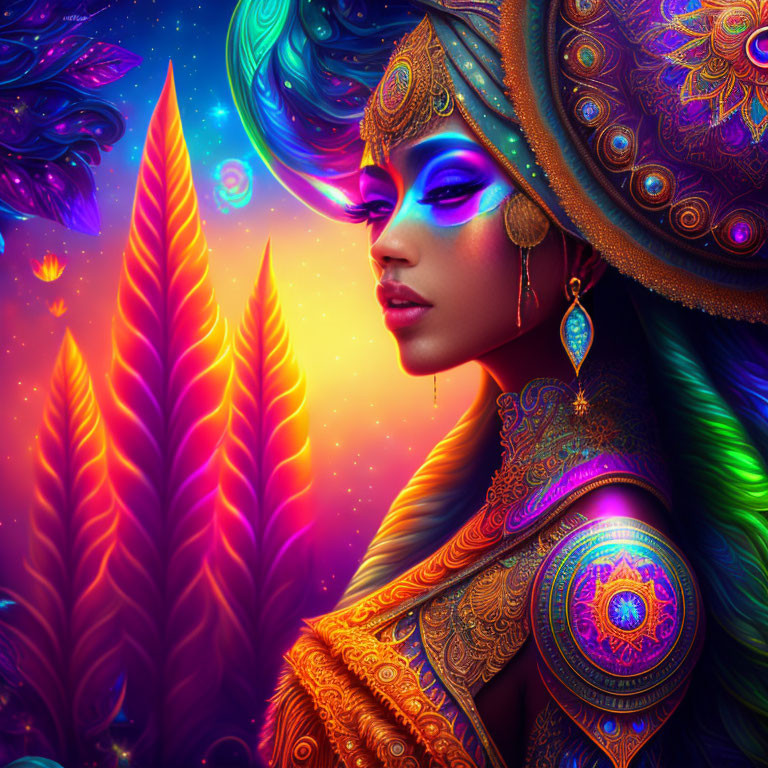 Colorful digital artwork of a woman with golden headdress and ornate attire on vibrant psychedelic backdrop