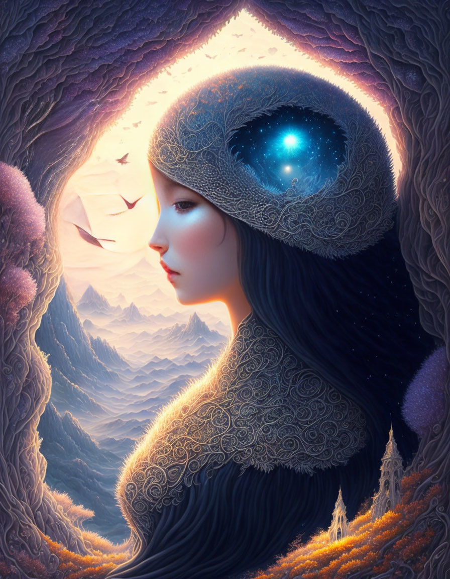 Surreal artwork of woman with cosmic headdress in mountain landscape