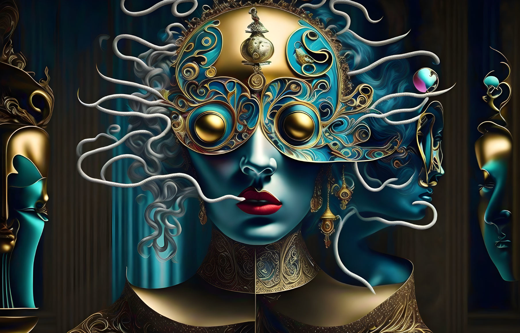 Surreal blue-skinned woman with golden headgear in abstract artwork