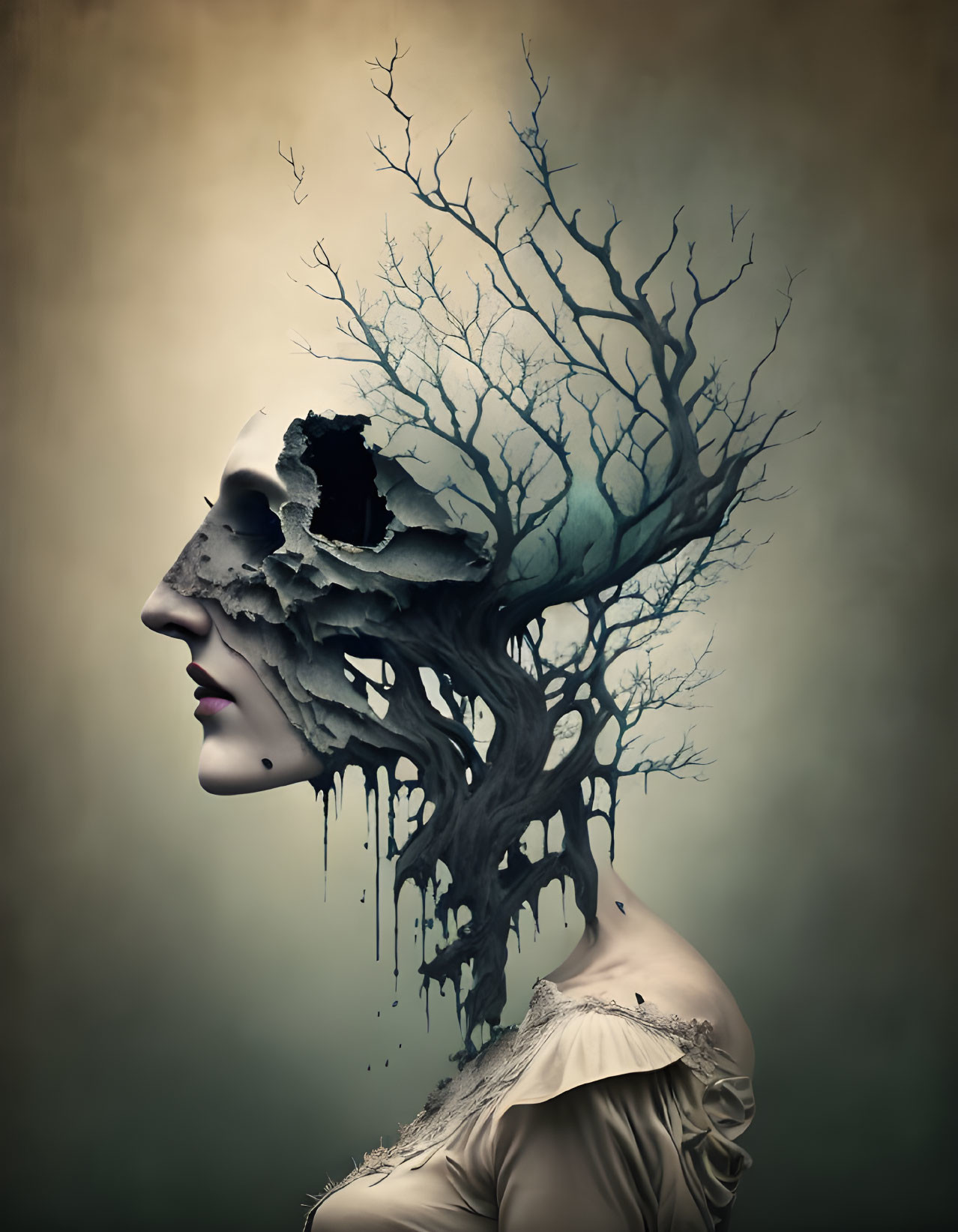 Woman's Head Transforms into Tree with Barren Branches