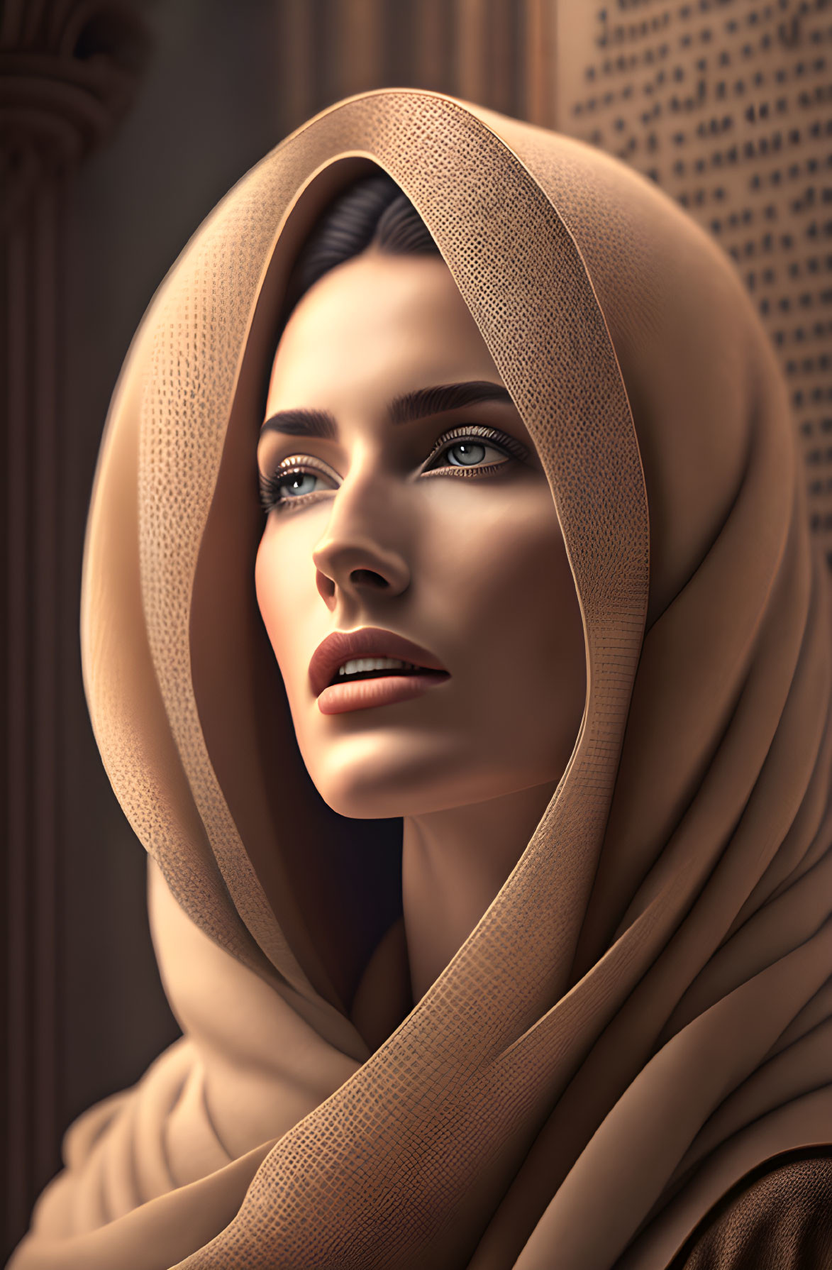 Contemplative woman in beige headscarf against intricate architectural backdrop