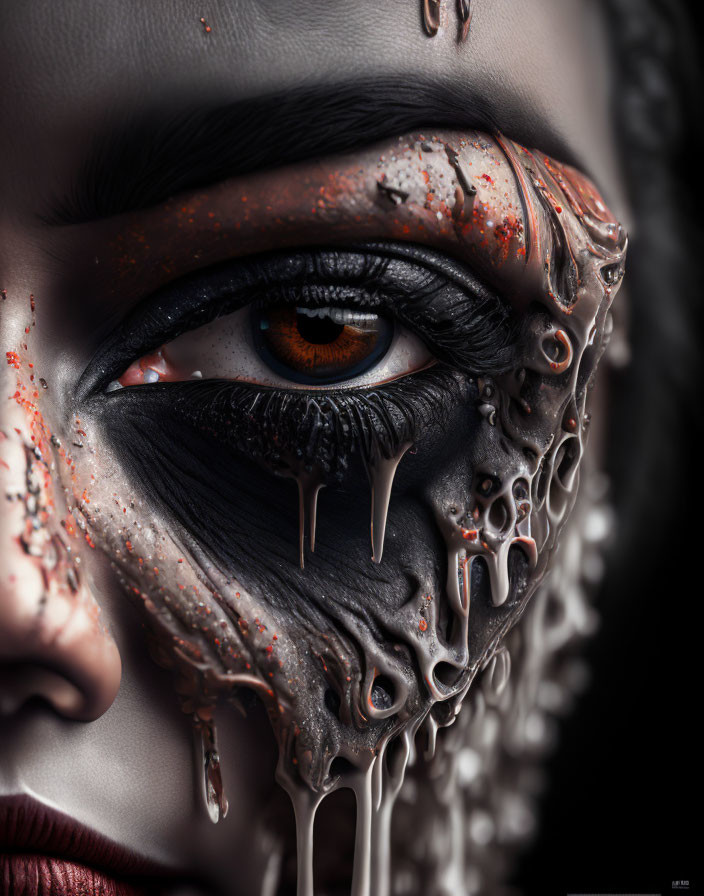 Detailed artistic makeup with melting effect on face.