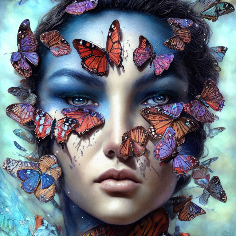 Colorful butterflies surround woman's face with vibrant blue eyes