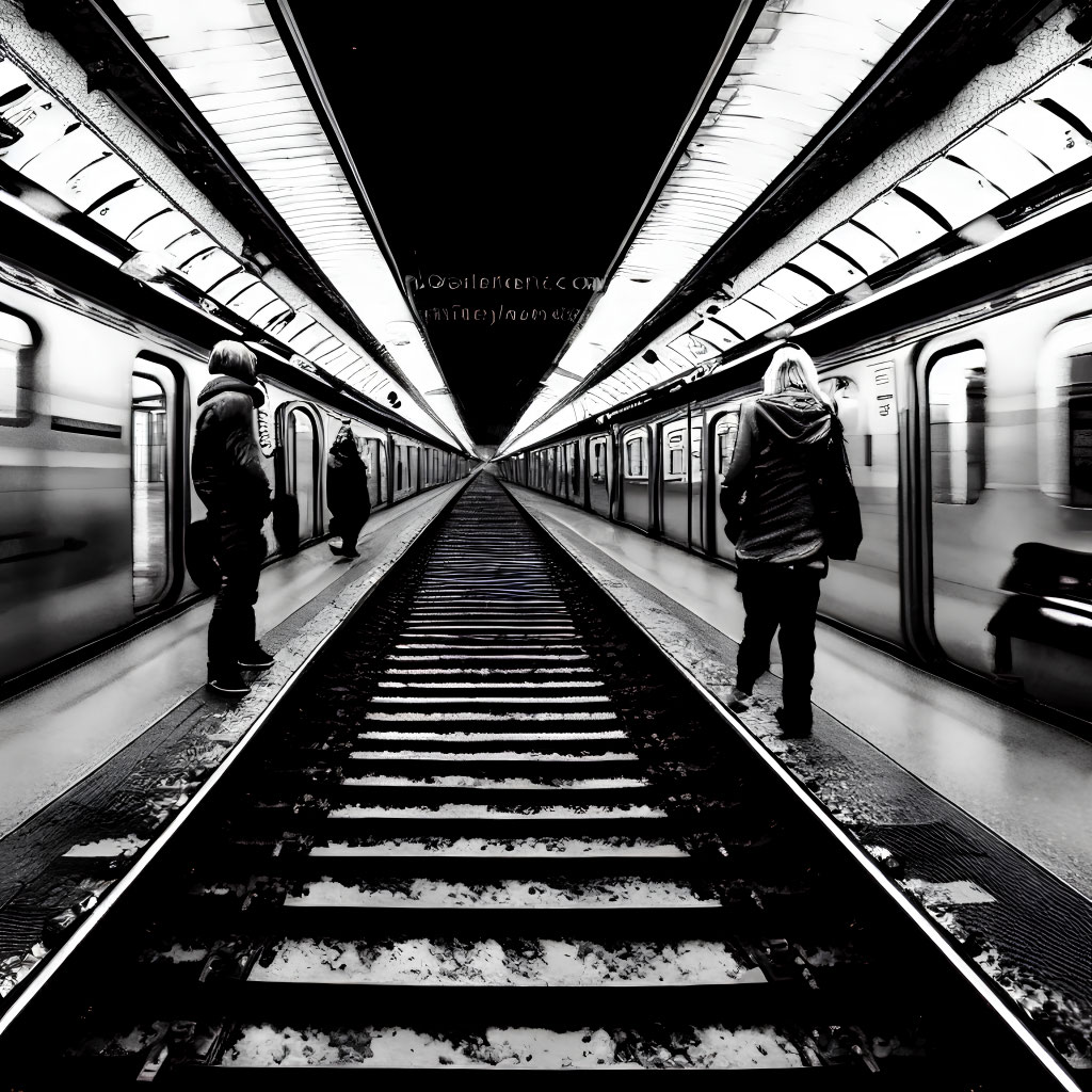 Monochrome photo: People on subway platform with stopped train.