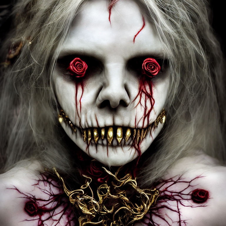 Skull-like makeup with red eyes, gold teeth, and symbolic red markings