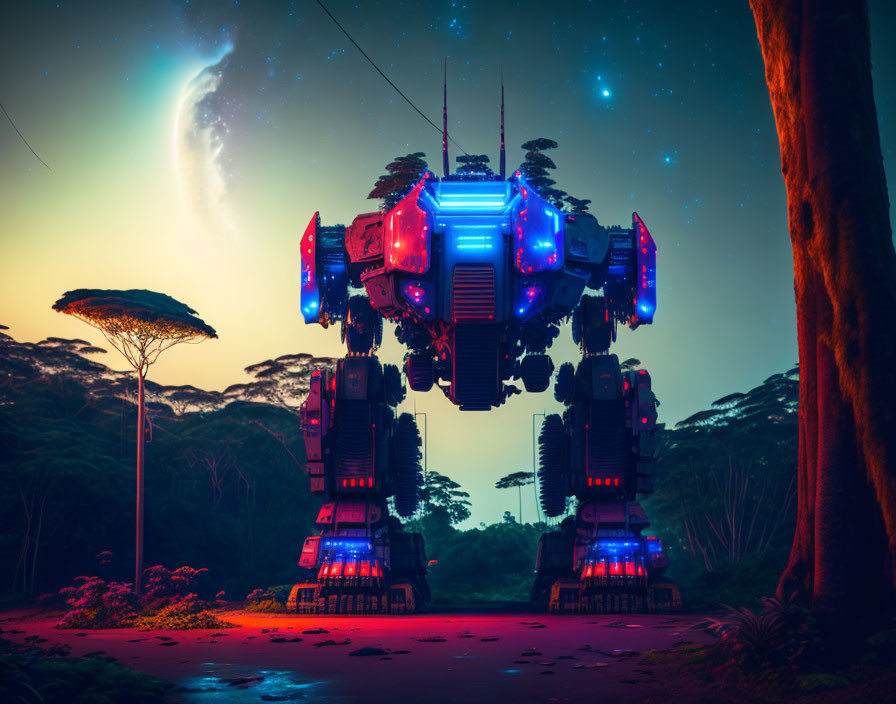 Futuristic mech robot in dark forest under starry sky