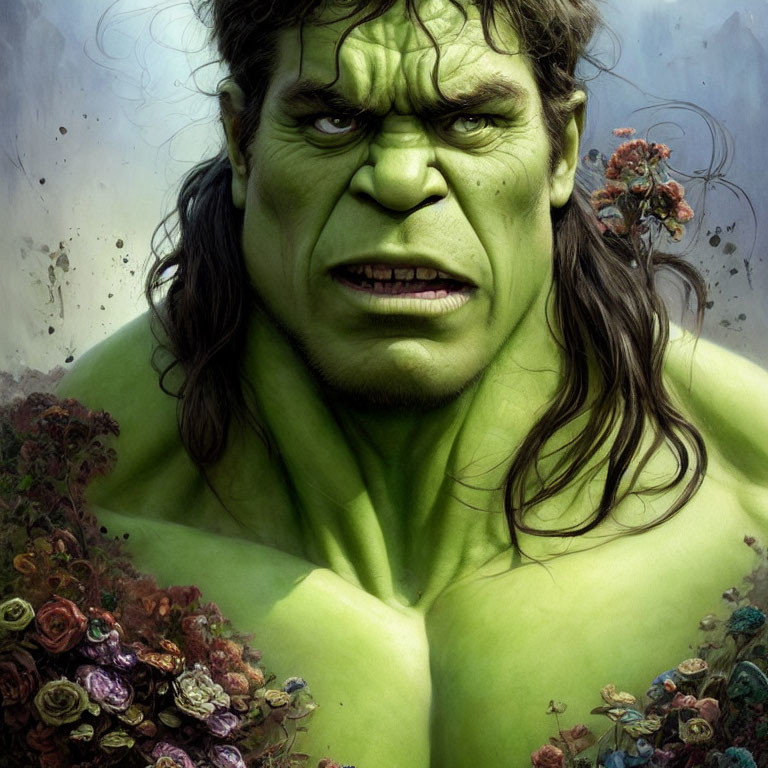 Detailed Hulk illustration above colorful roses: a blend of aggression and beauty