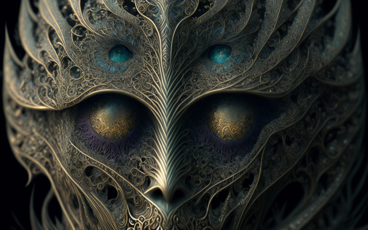 Intricate metallic owl mask with jewel-like eyes