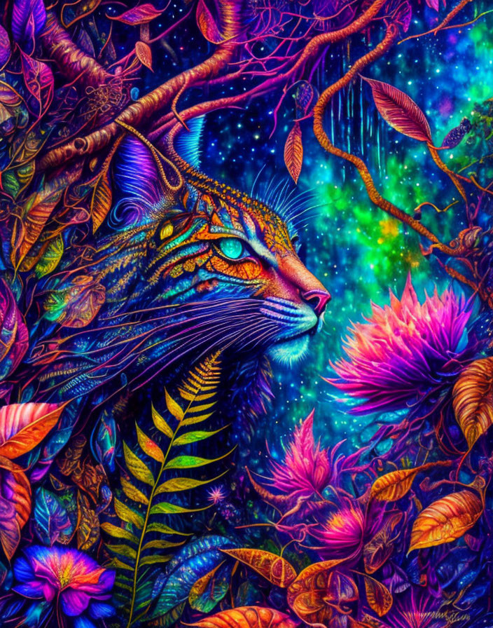 Colorful Leopard Face in Neon Jungle with Starry Sky