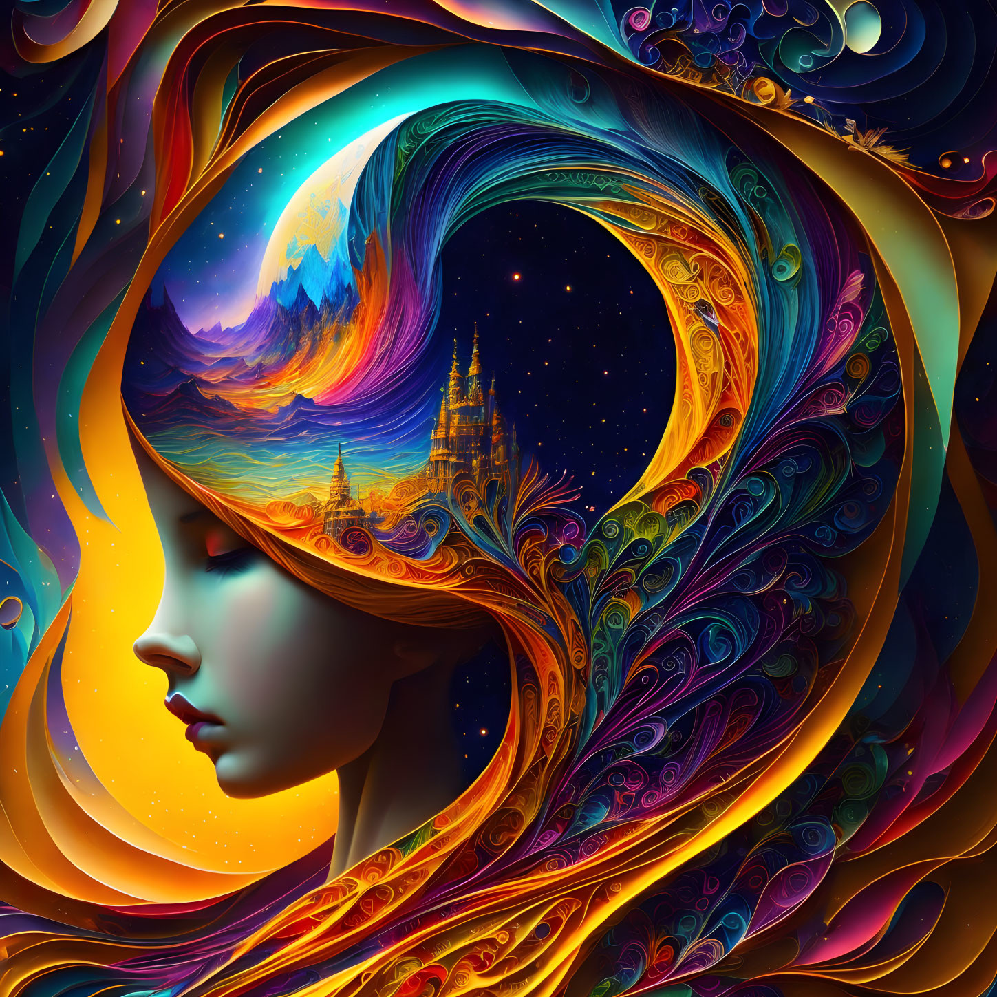 Surreal artwork: woman with flowing hair in fantastical landscape