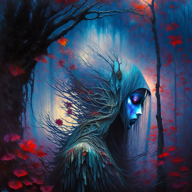 Mystical artwork of female figure in twilight forest with red foliage