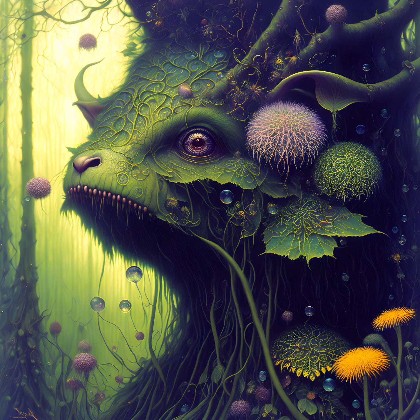 Green plant-like creature in mystical forest with orbs and foliage