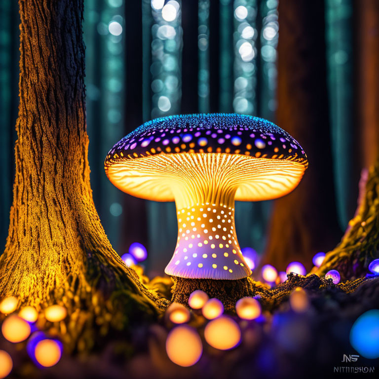 Fantasy-style illuminated mushroom in mystical forest