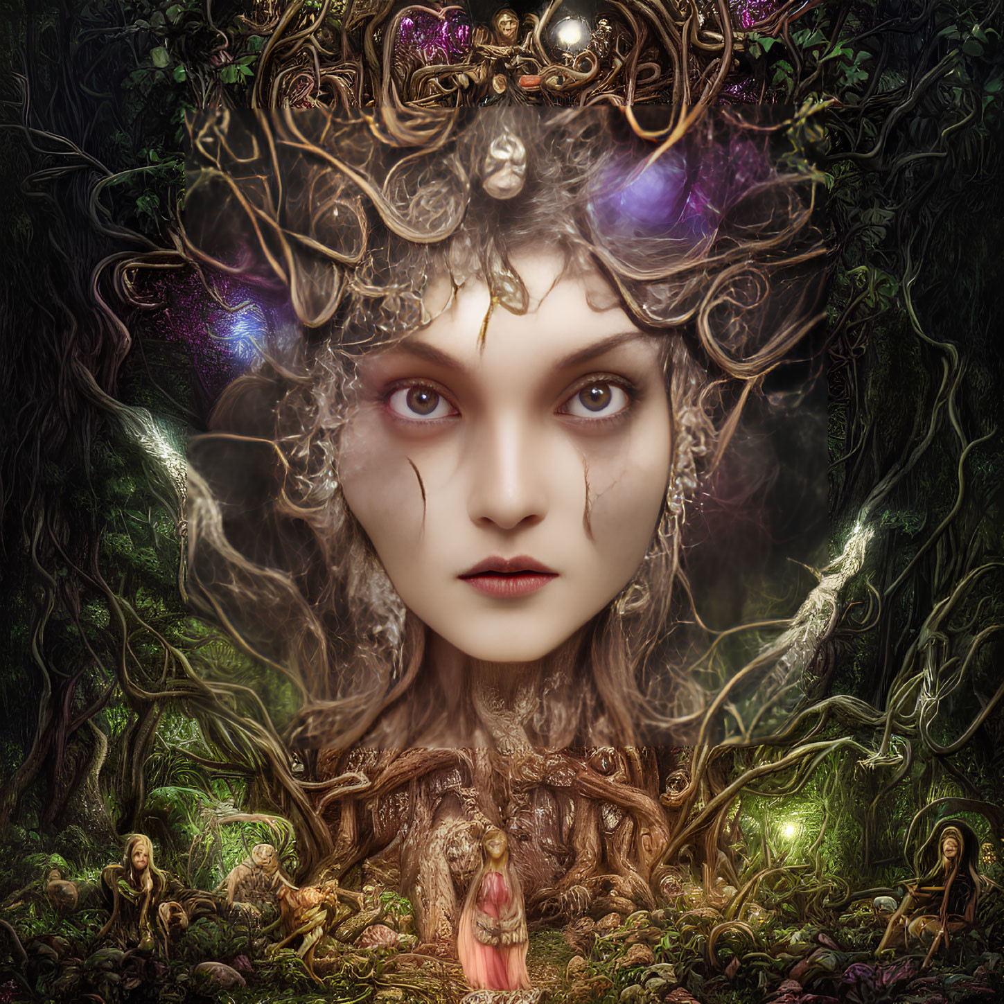 Fantastical image of woman with mystical forest elements and ethereal glows