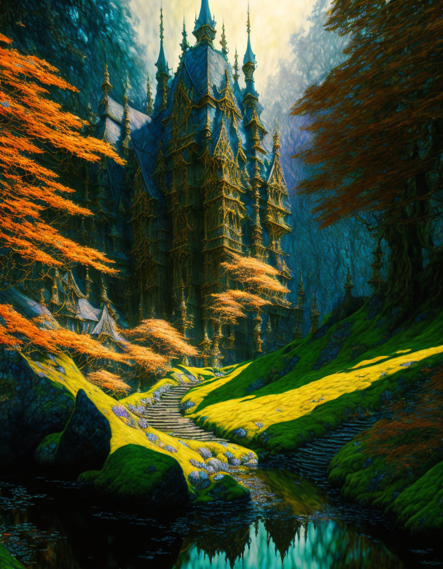 Mystical gothic-style castle in autumnal forest with vibrant leaves and blooming flora