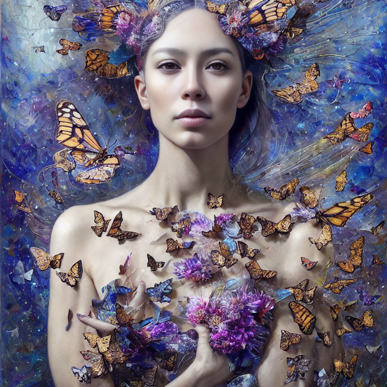 Woman in mystical setting with butterflies and flowers