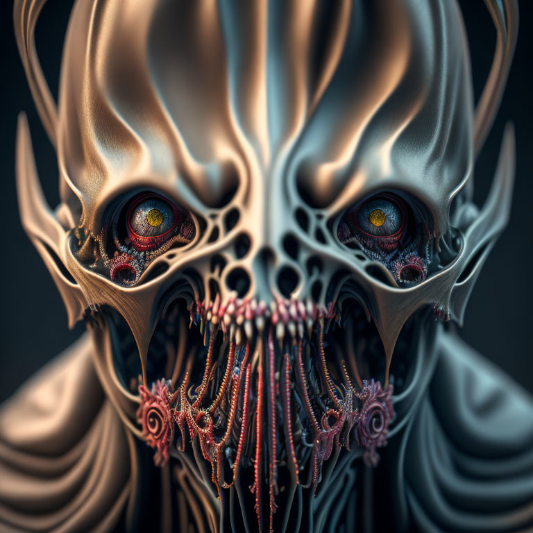 Fantastical creature digital art with skeletal features and glowing eyes