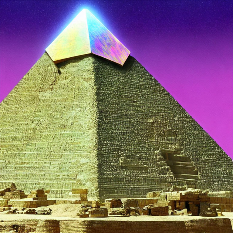 Colorful Glowing Pyramid with Textured Stonework in Purple Sky