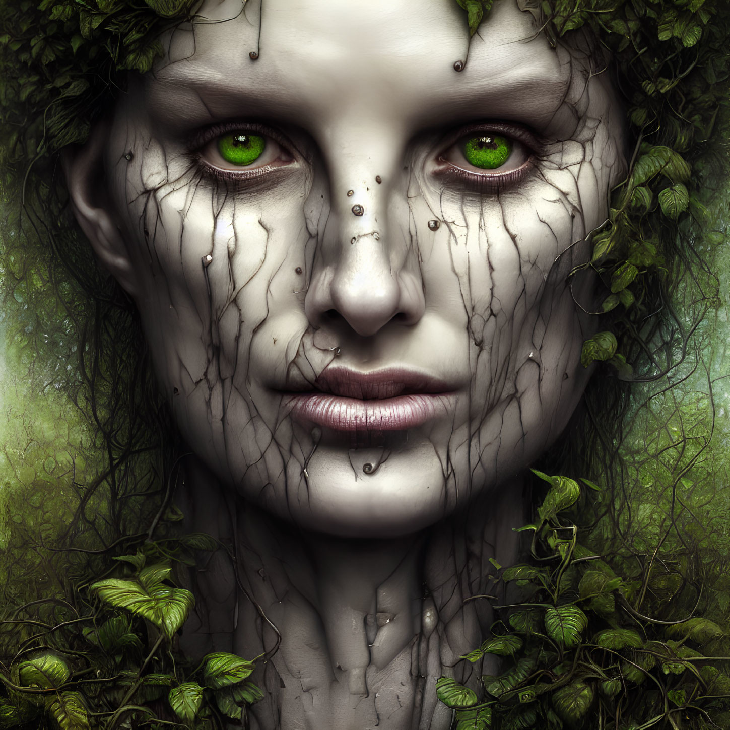 Close-up Image: Person with Green Eyes Surrounded by Foliage and Vines