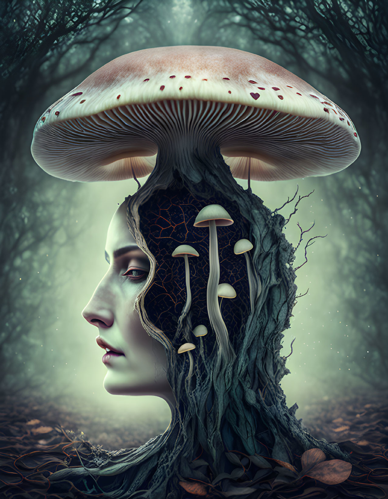 Surreal artwork: Woman's face merges with tree trunk, crowned by mushroom cap in misty