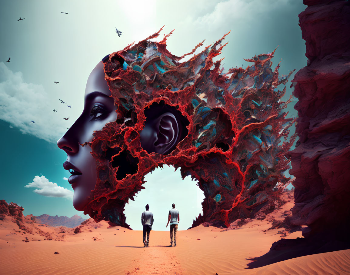 Surreal red rock formation with human profile under blue sky and figures walking.