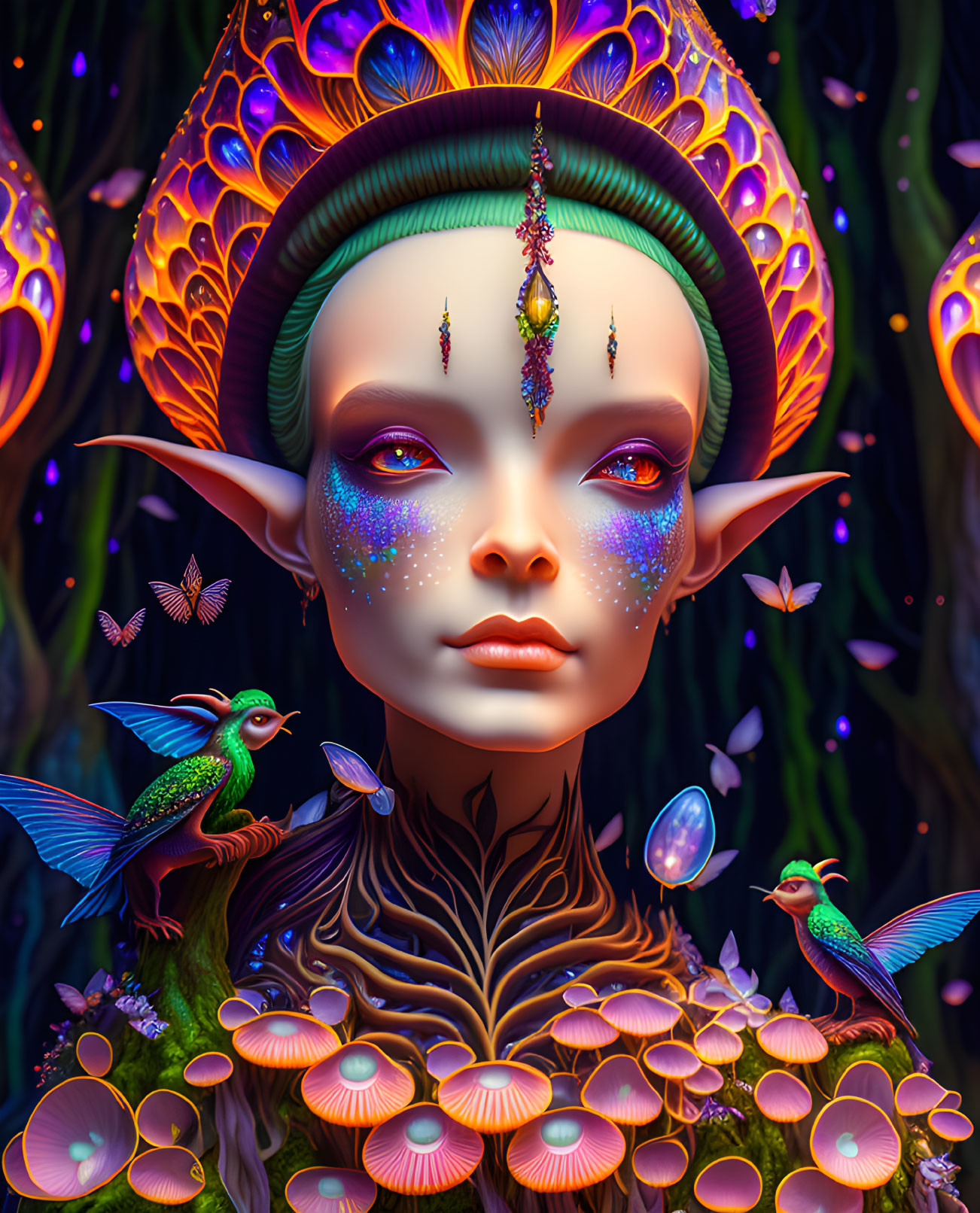 Fantastical elf surrounded by vibrant flora, fauna, and crystals