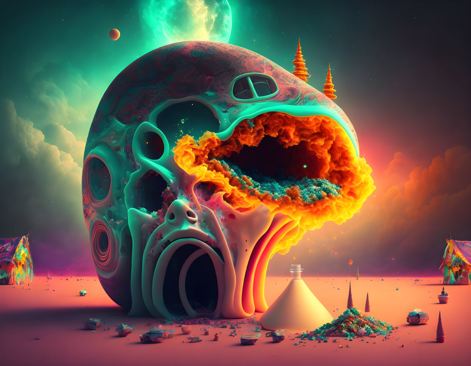 Surreal landscape with skull-like structure, fiery cave, colorful tents, pyramids, and sunset