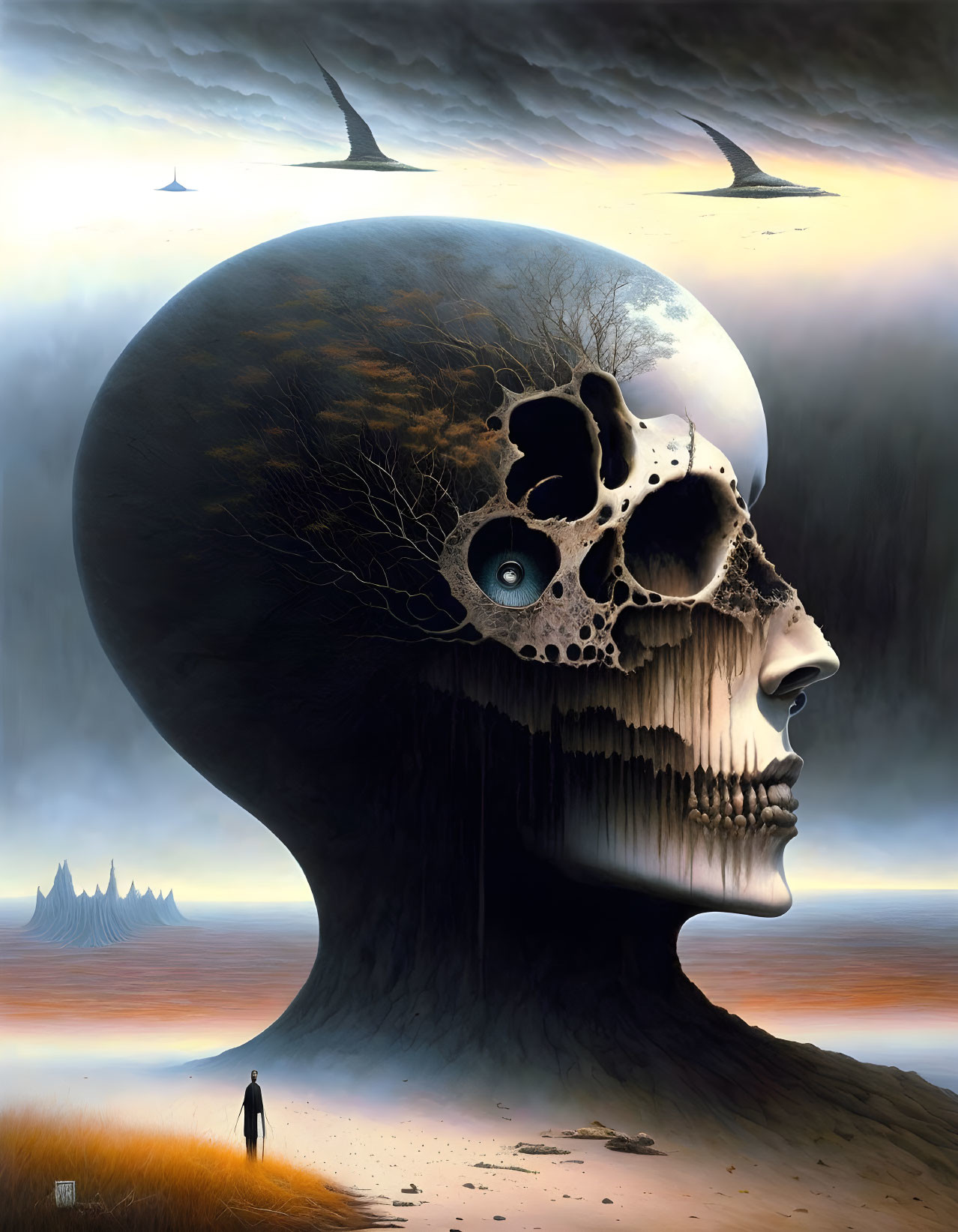 Surreal human profile merging into skull with single eye in misty landscape.