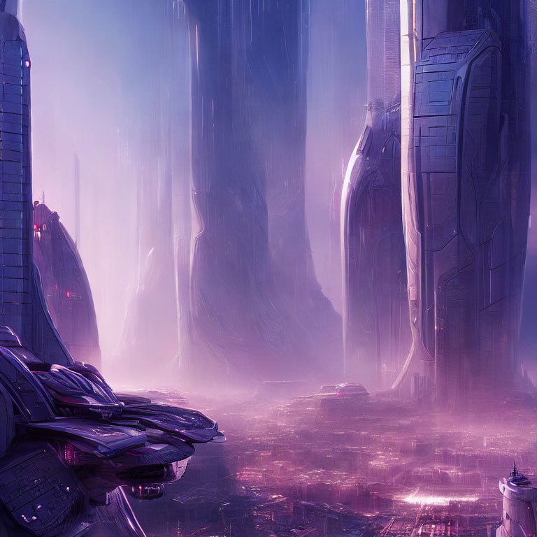 Futuristic cityscape with skyscrapers and flying vehicles in violet sky