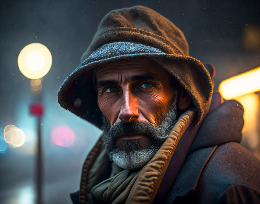 Bearded Man in Hooded Cloak Gazing at Snowy Night Street Lights