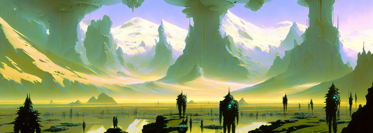 Panoramic Alien Landscape with Mountains and Futuristic Structures