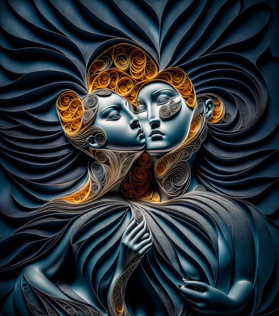 Stylized faces in close embrace with golden hair on dark blue background