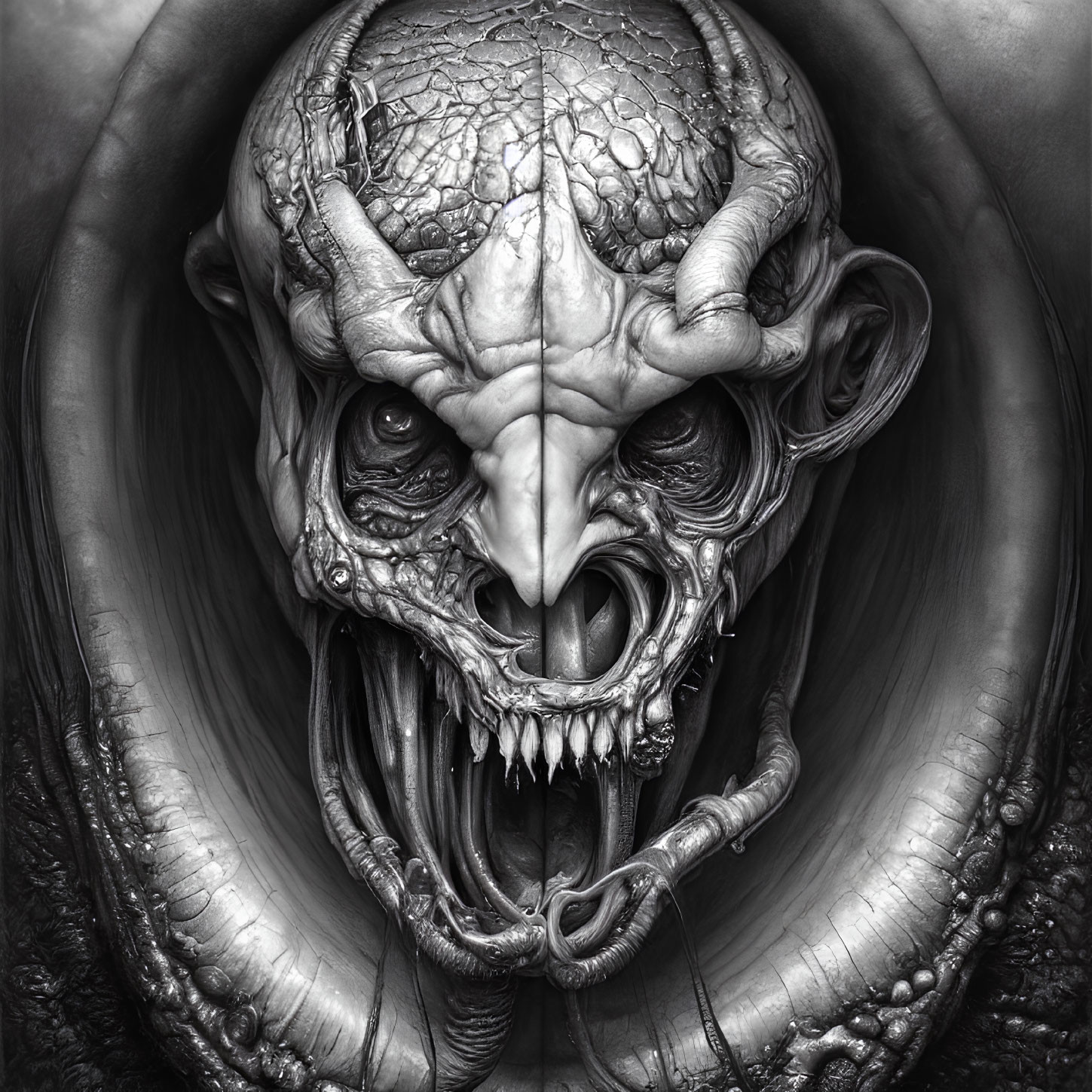 Detailed black and white monstrous face with sharp teeth and multiple eyes.