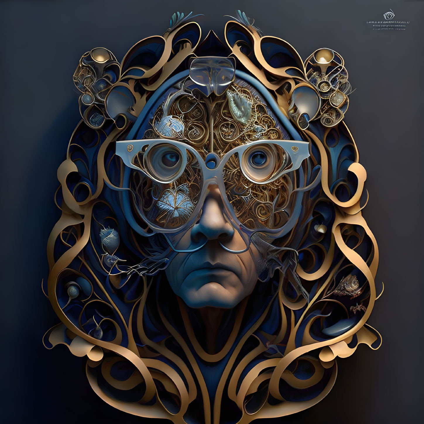 Surreal steampunk-themed digital artwork with human face and ornate golden frames