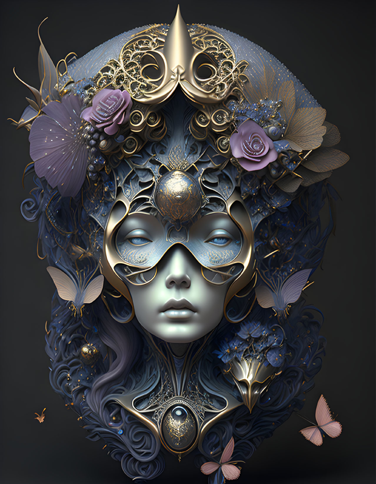 Fantasy mask with gold filigree, roses, butterflies, and dark hair on moody backdrop