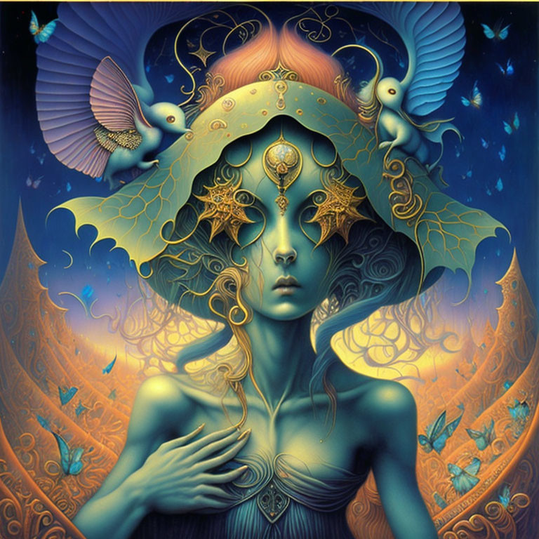 Fantasy-inspired image: Woman with ornate headdress, surreal blue birds, intricate patterns