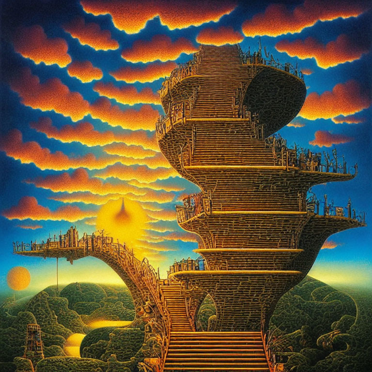 Surreal wooden structure in fantastical landscape with orange clouds