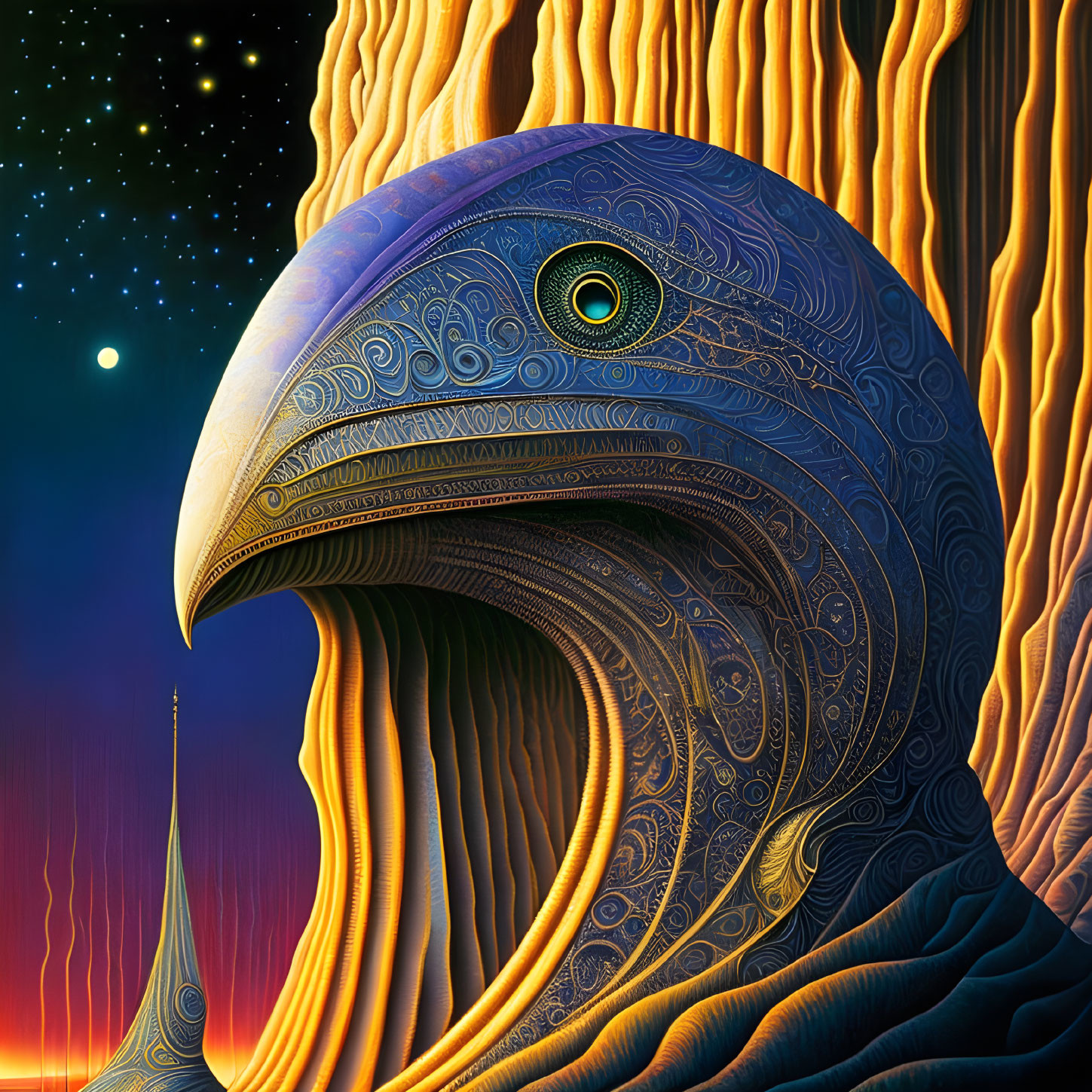 Patterned Bird Head with Cosmic Background and Otherworldly Landscape