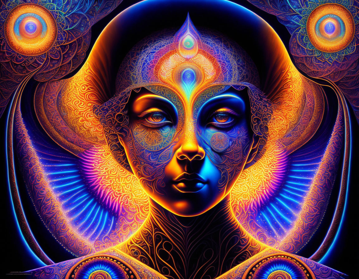 Colorful digital artwork of mystical figure with intricate patterns and glowing aura