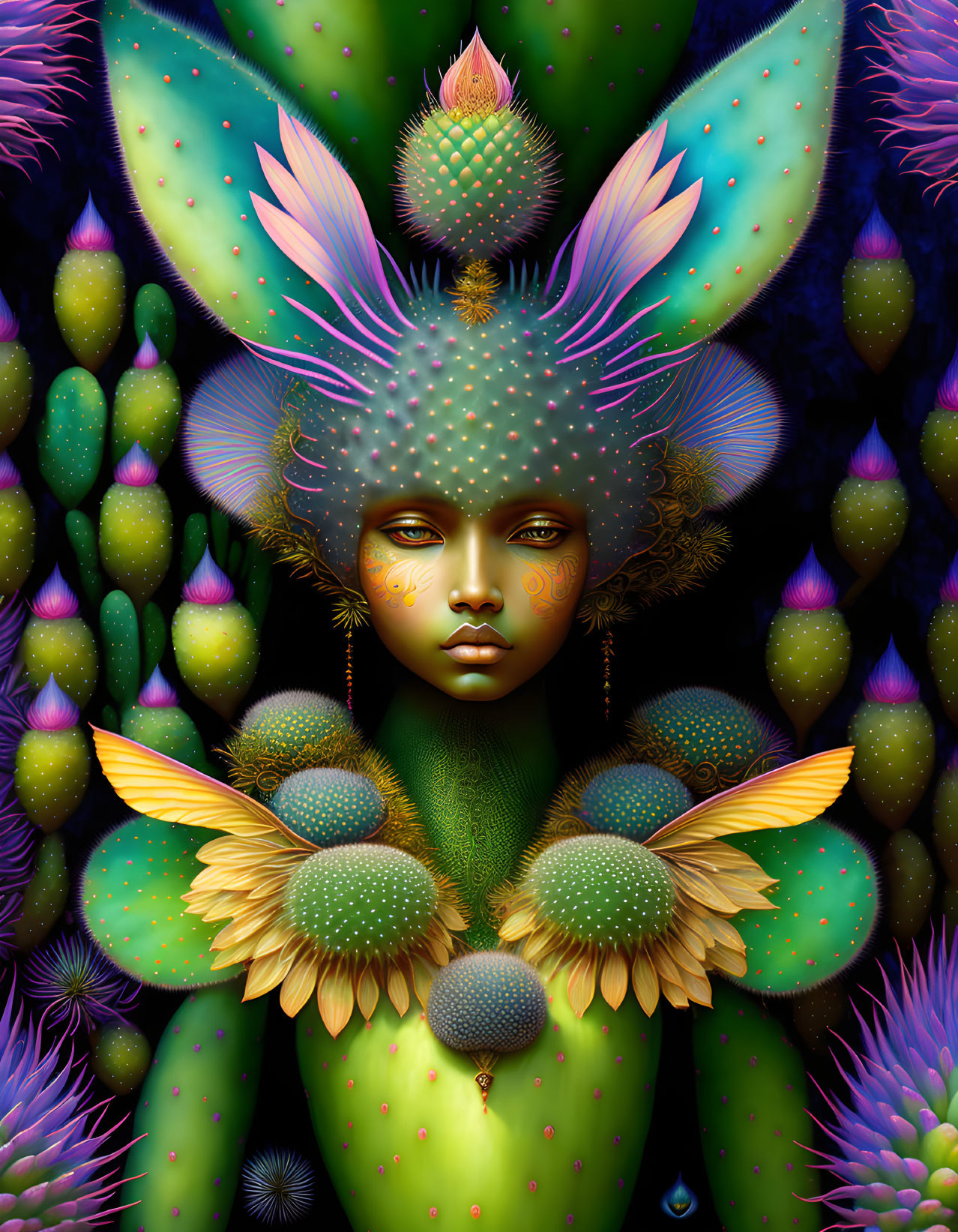 Digital artwork: Humanoid figure with plant-like features in vibrant green tones