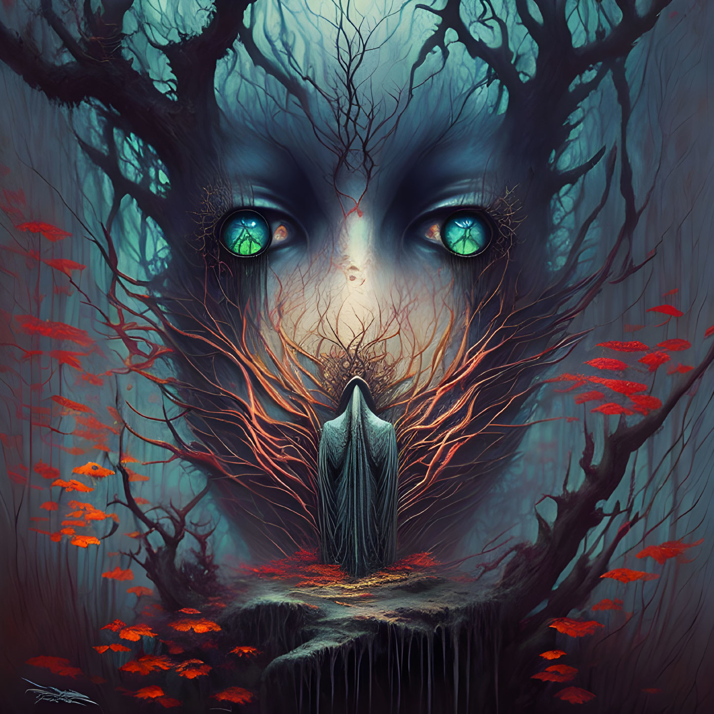 Surreal artwork featuring cloaked figure under mystical tree face