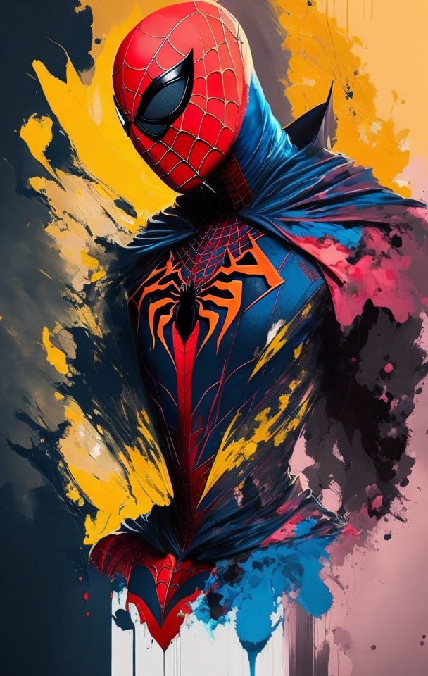 Colorful superhero painting with web patterns in red and blue amidst splashes of yellow, pink, and