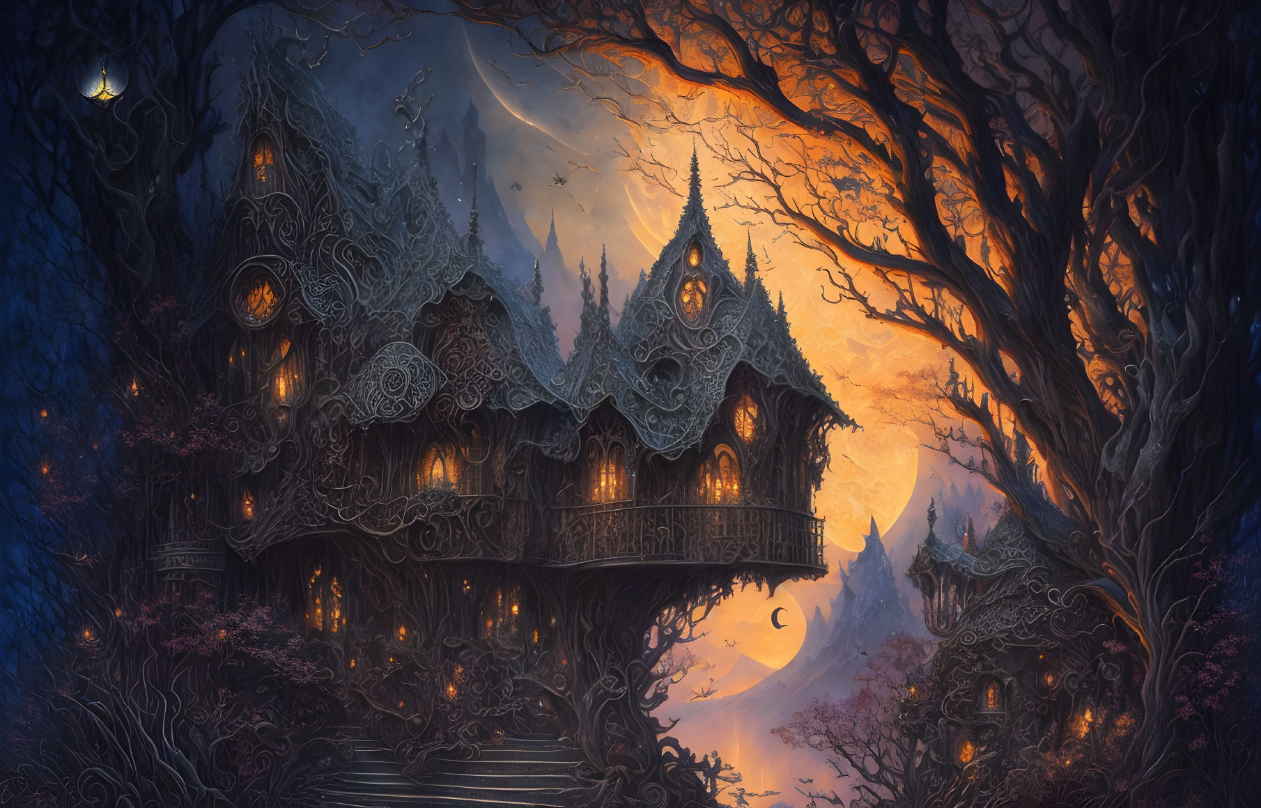 Detailed Fantasy Treehouse Among Ancient Trees at Twilight