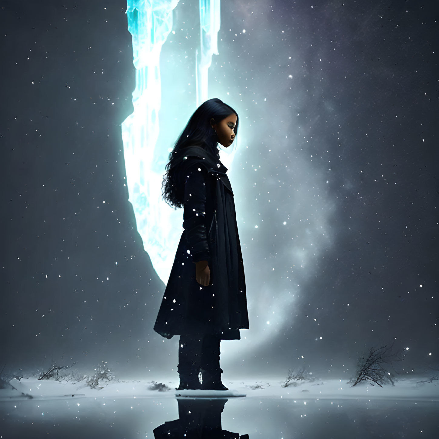 Person in Black Coat Gazes at Glowing Blue Crystal in Snowy Night