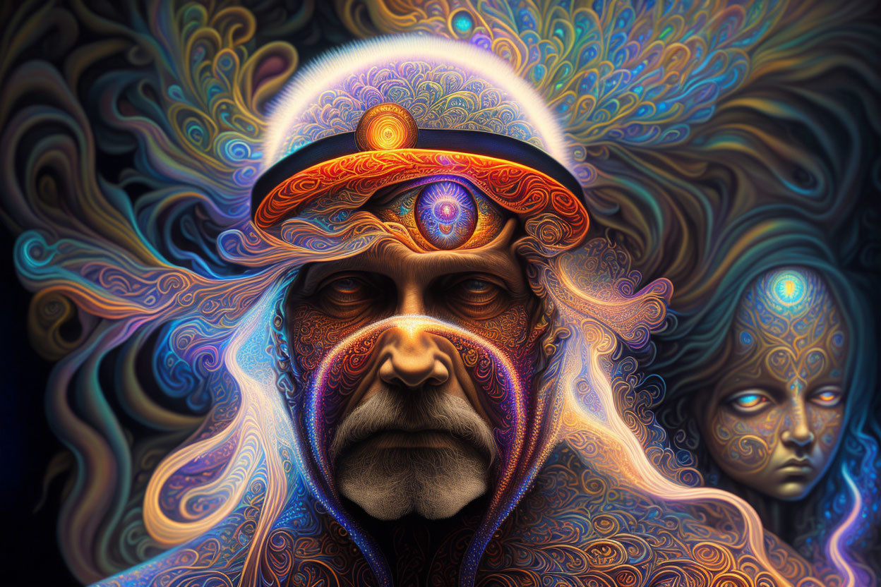 Colorful digital art: Wise figure with third eye amidst psychedelic patterns