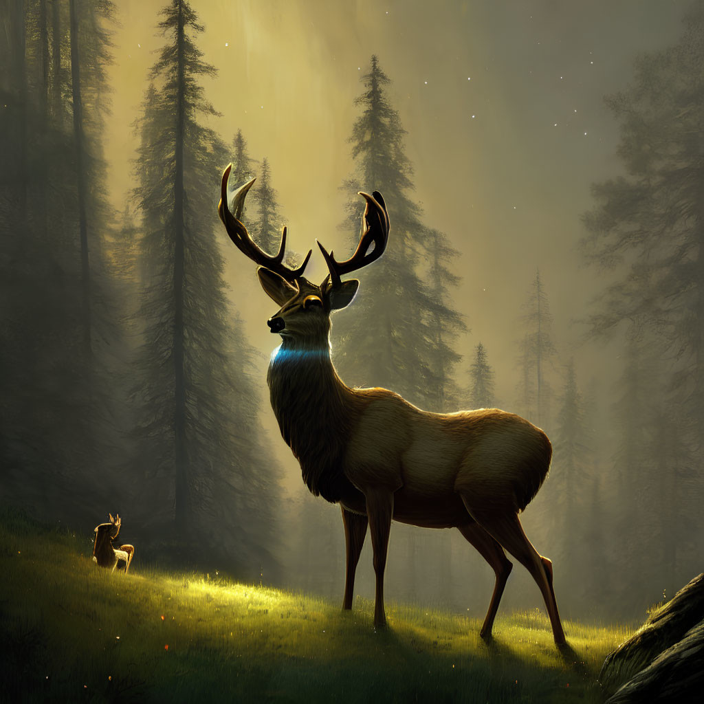 Majestic stag with glowing antlers in mystical forest at sunset